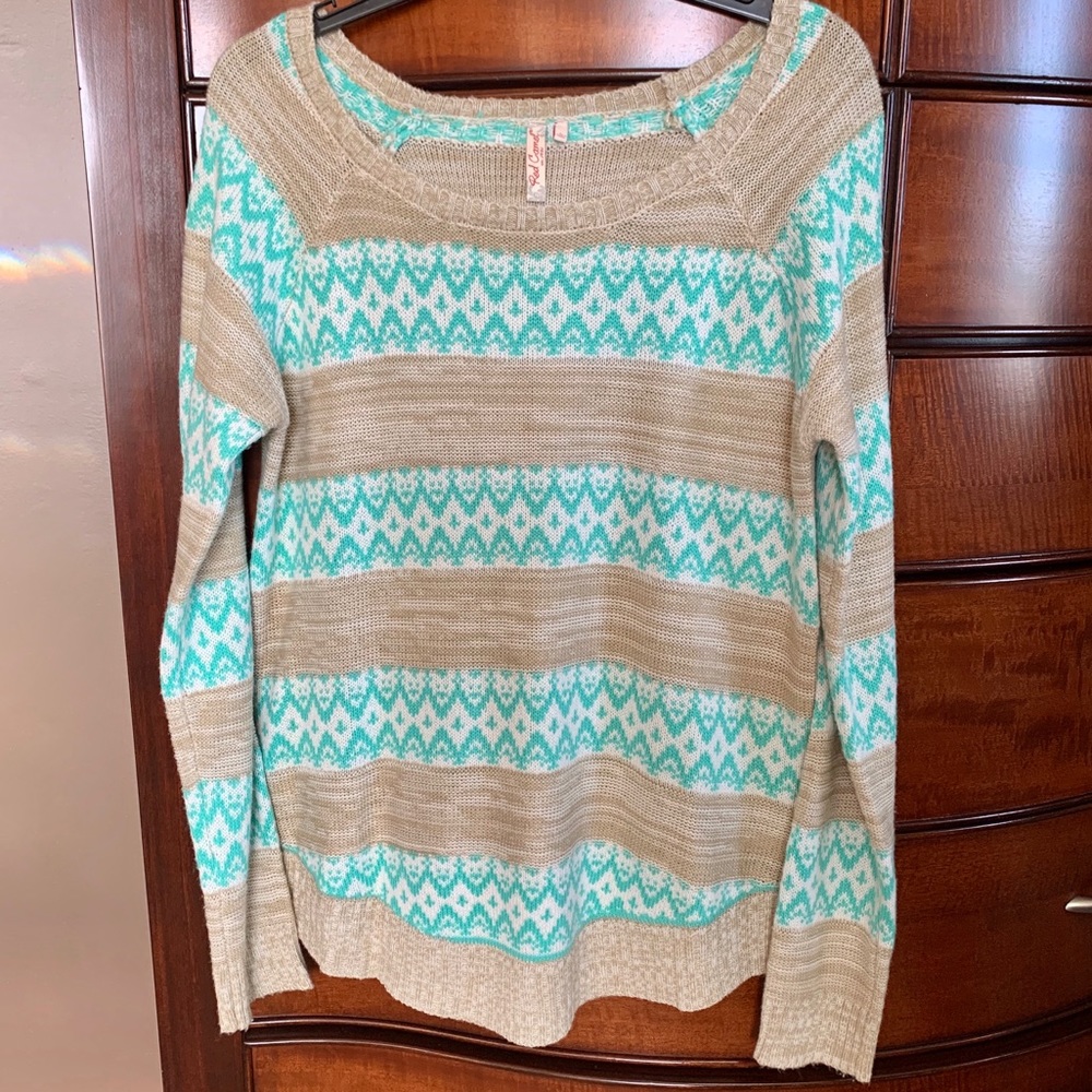 Tan and Aqua Striped Sweater